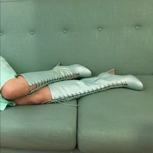 Jeffrey Campbell Shrine knee high lace up boot seafoam green